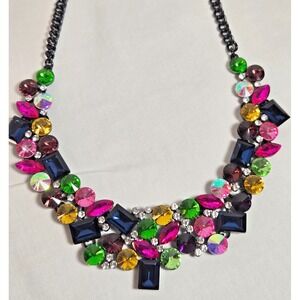 Multicolor Rhinestone Statement Bib Necklace Gunmetal Chain Bold Crystal Cluster